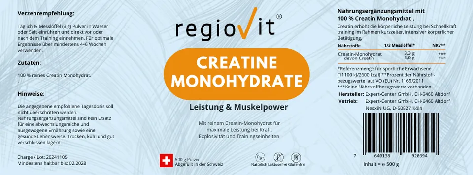 Regiovit® Creatine Monohydrate – aktuelles Etikett mit Zutaten, Verzehrtext und Mengentabelle