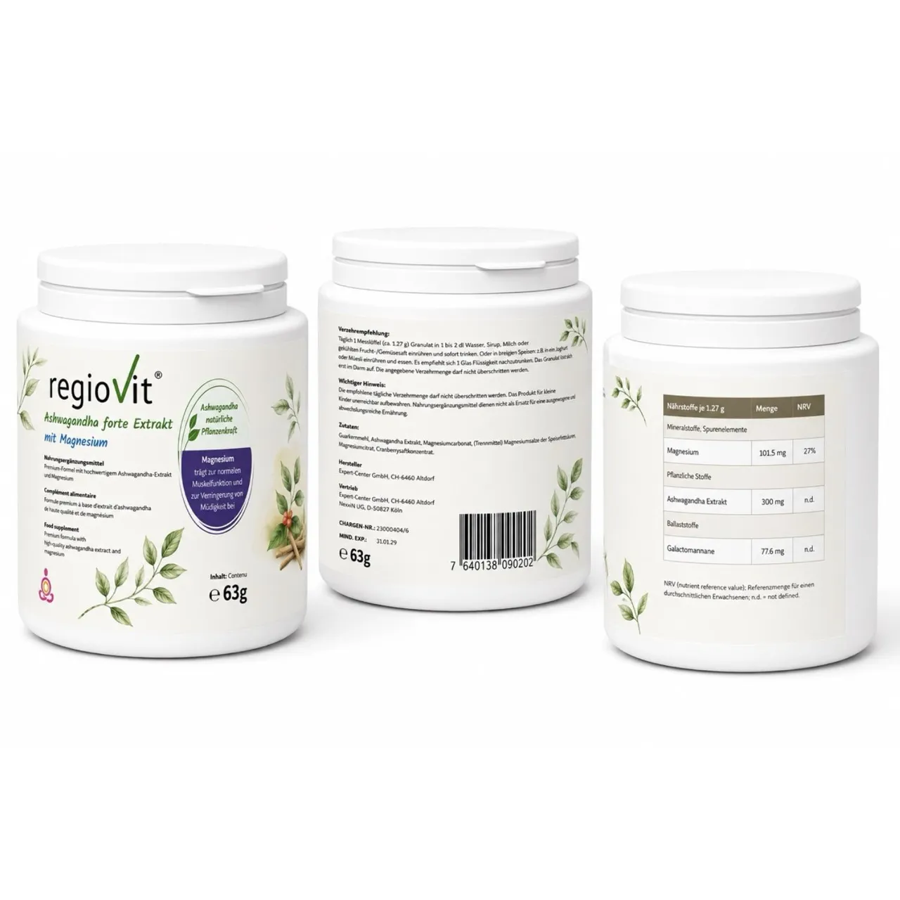 Regiovit® Ashwagandha forte Extrakt mit Magnesium – drei Ansichten derselben Dose