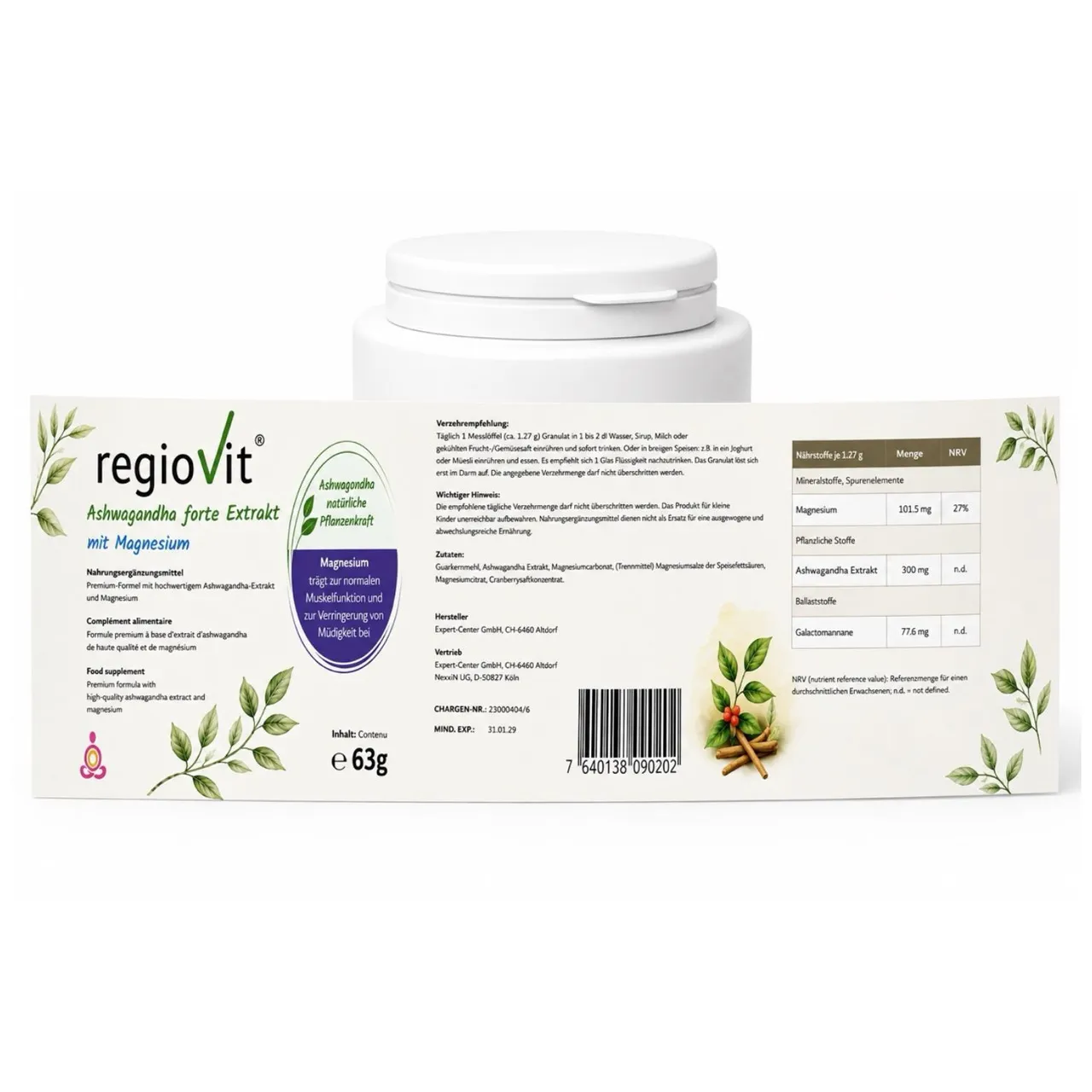 Regiovit® Ashwagandha forte Extrakt mit Magnesium – Etikett mit Zutaten, Verzehrmenge und Nährstofftabelle