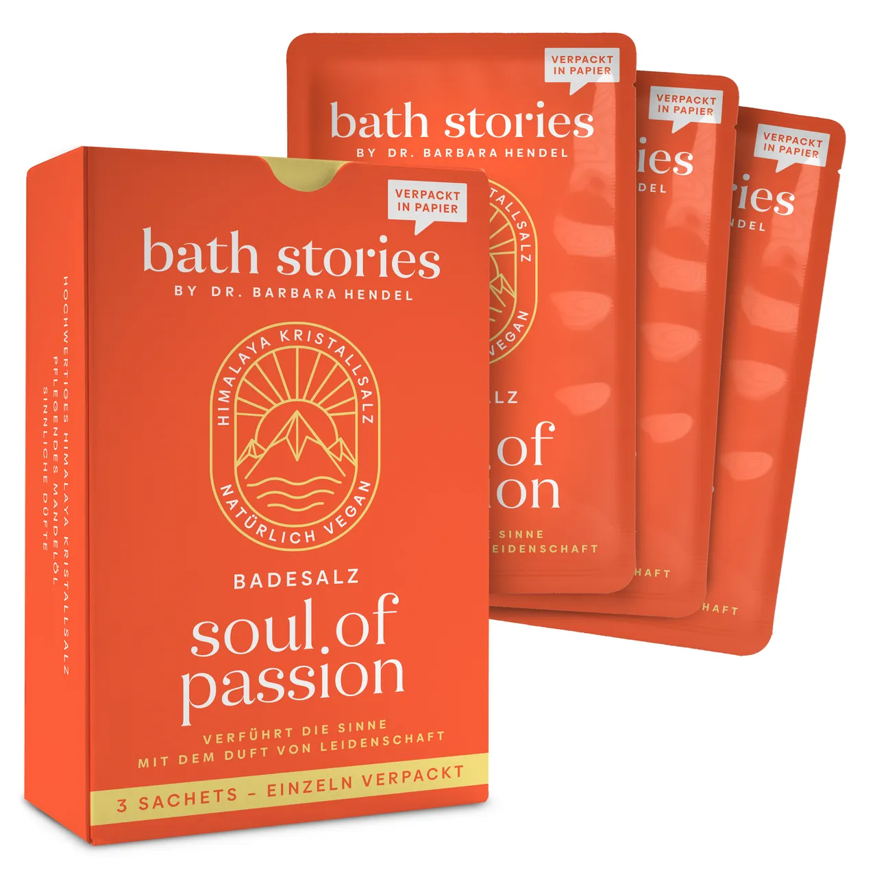 bath stories – soul of passion Badesalz: Geschenkbox mit drei einzeln verpackten Sachets