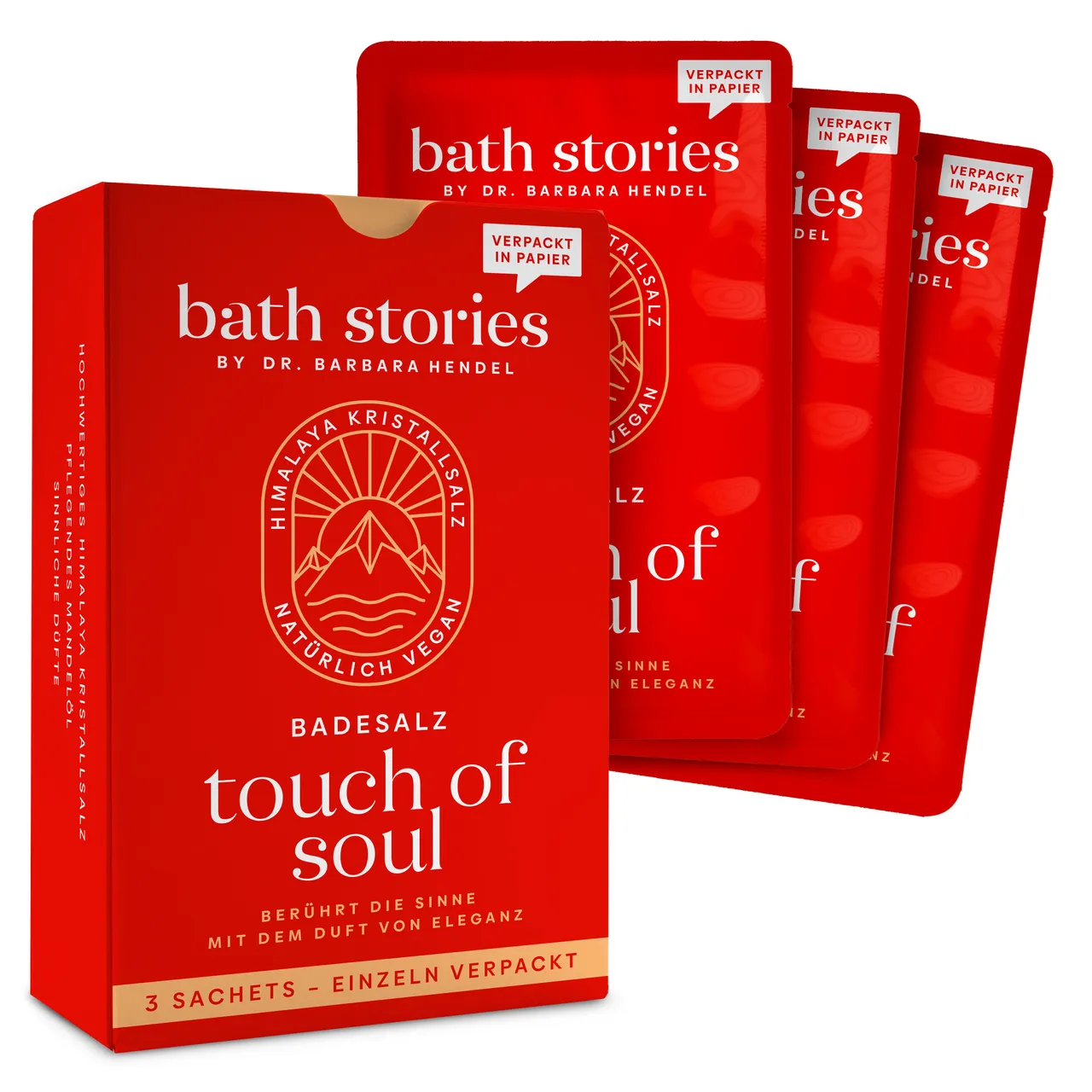 bath stories – touch of soul Badesalz: Geschenkbox mit drei einzeln verpackten Sachets