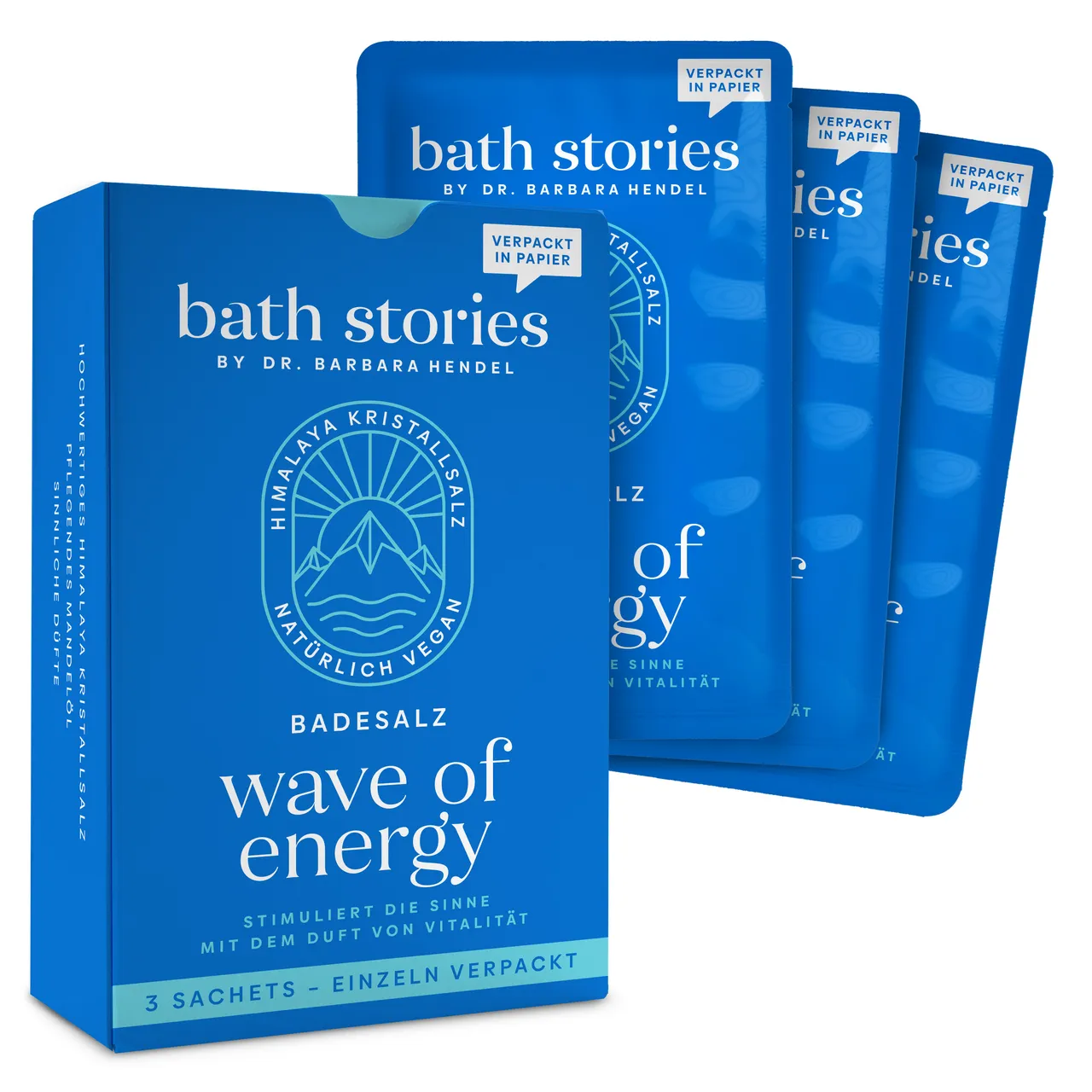 bath stories – wave of energy Badesalz: Geschenkbox mit drei einzeln verpackten Sachets