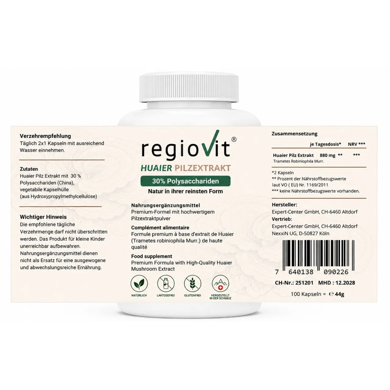 Regiovit® Huaier Pilzextrakt – 100 Kapseln – Etikett mit Zutaten und Verzehrmenge