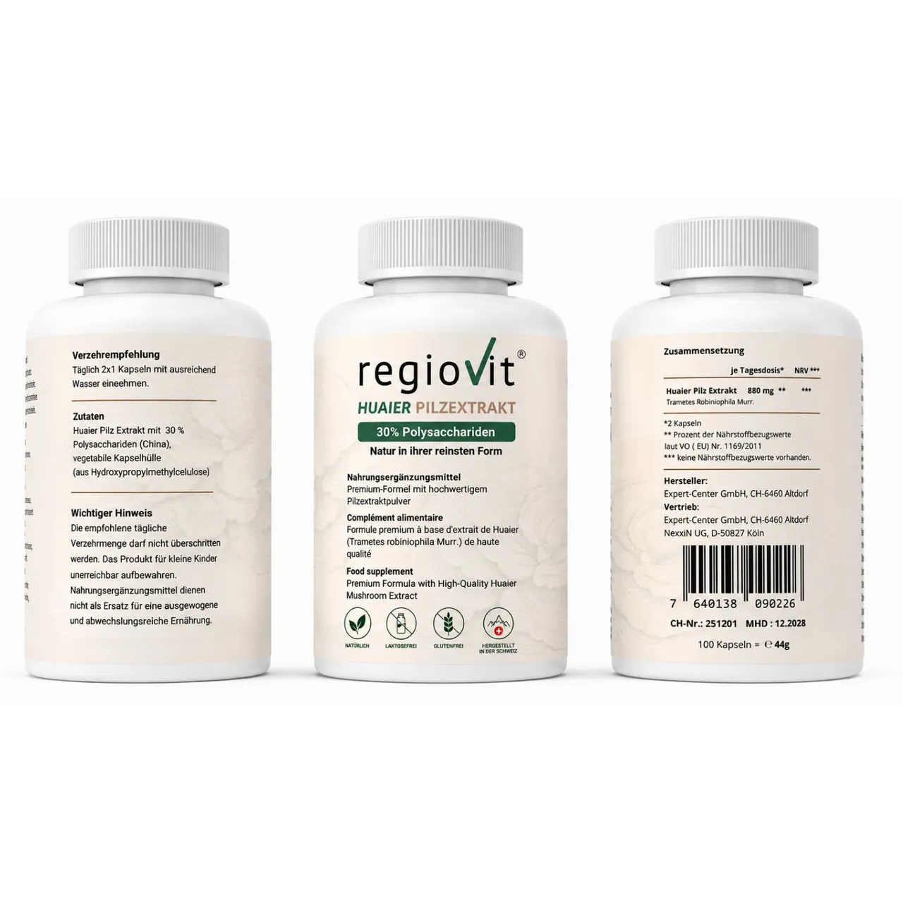 Regiovit® Huaier Pilzextrakt – 100 Kapseln – drei Ansichten derselben Dose
