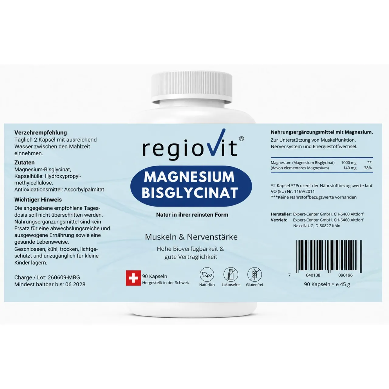 Regiovit® Magnesium Bisglycinat – 90 Kapseln – Etikett mit Zutaten, Verzehrmenge und Magnesiumgehalt