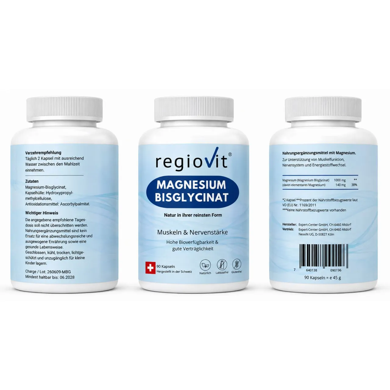 Regiovit® Magnesium Bisglycinat – 90 Kapseln – drei Ansichten derselben Dose