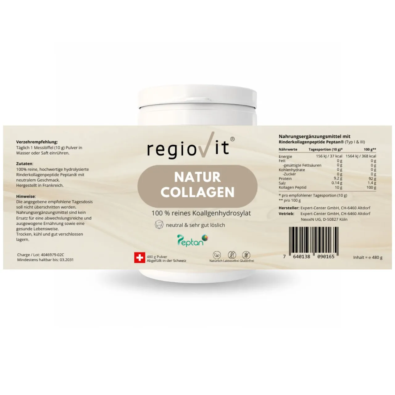 Regiovit® Natur Collagen Peptan – 480 g – Etikett mit Zutaten und Nährwerten
