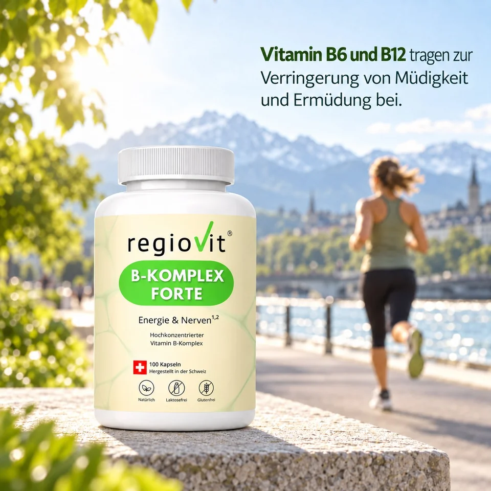 Regiovit B-Komplex Forte – Läuferin am See mit Informationen zu Vitamin B6 und B12