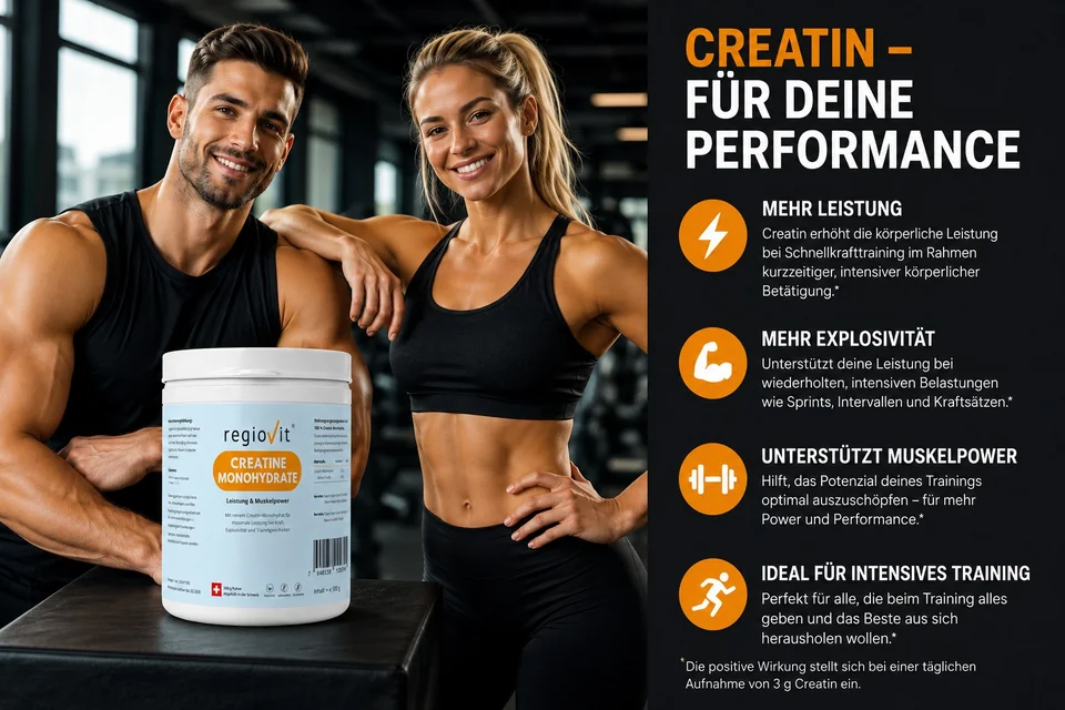 Regiovit Creatine Monohydrate – 500 g – Produktdose mit Fitnessmotiv und Infografik