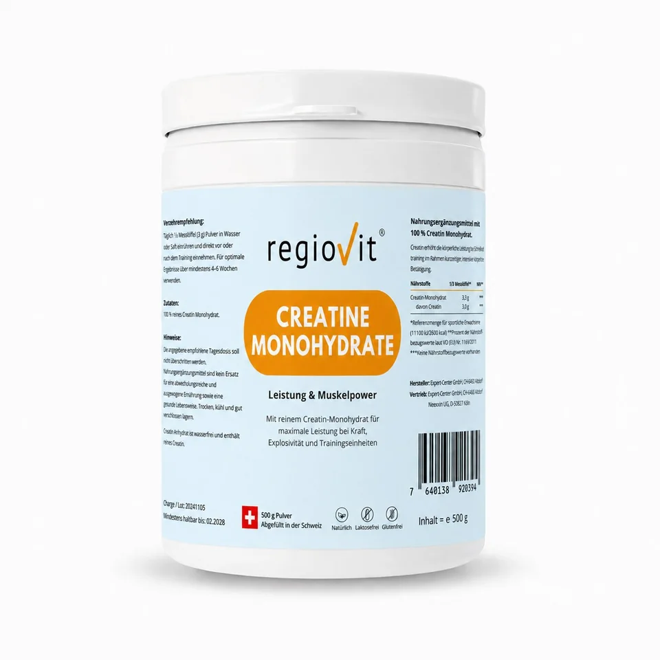 Regiovit Creatine Monohydrate – 500 g – Produktdose auf weissem Hintergrund