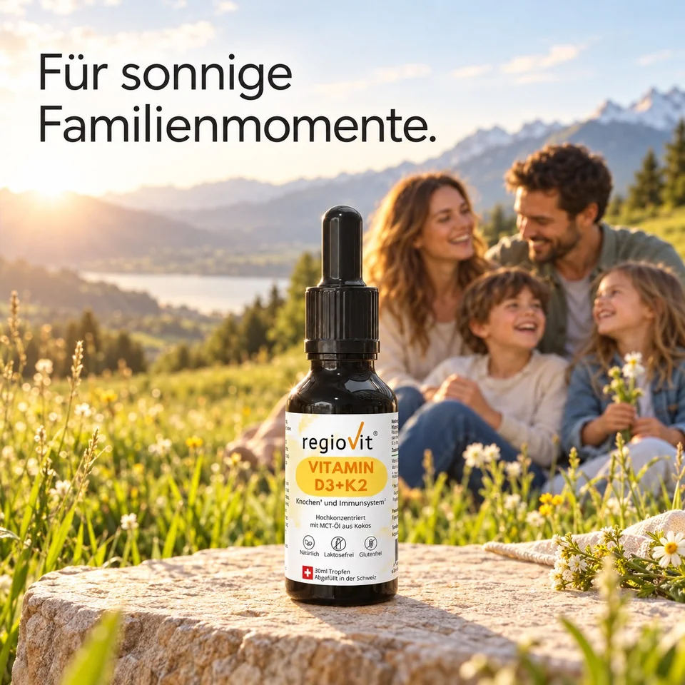 Regiovit Vitamin D3+K2 – 30 ml – Flasche vor einer Familie in einer Berglandschaft