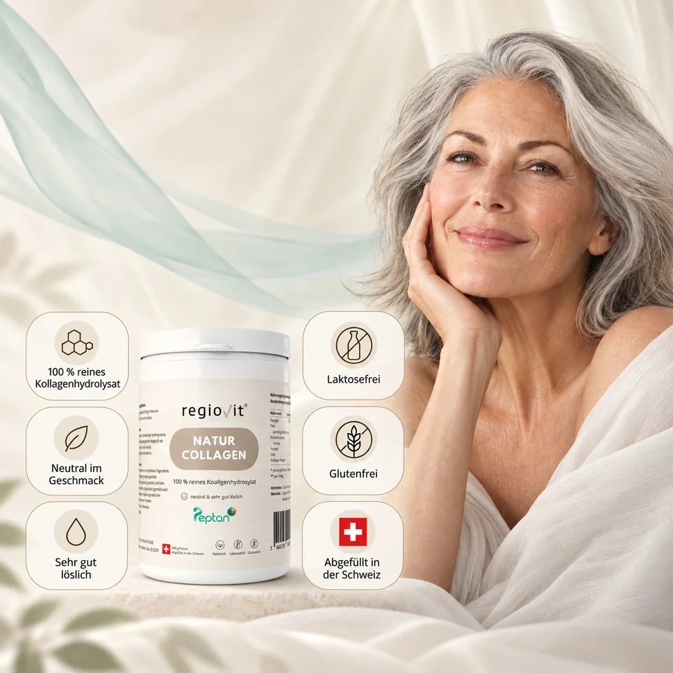 Regiovit Natur Collagen Peptan – 480 g – Produktdose mit Infografik und Frau