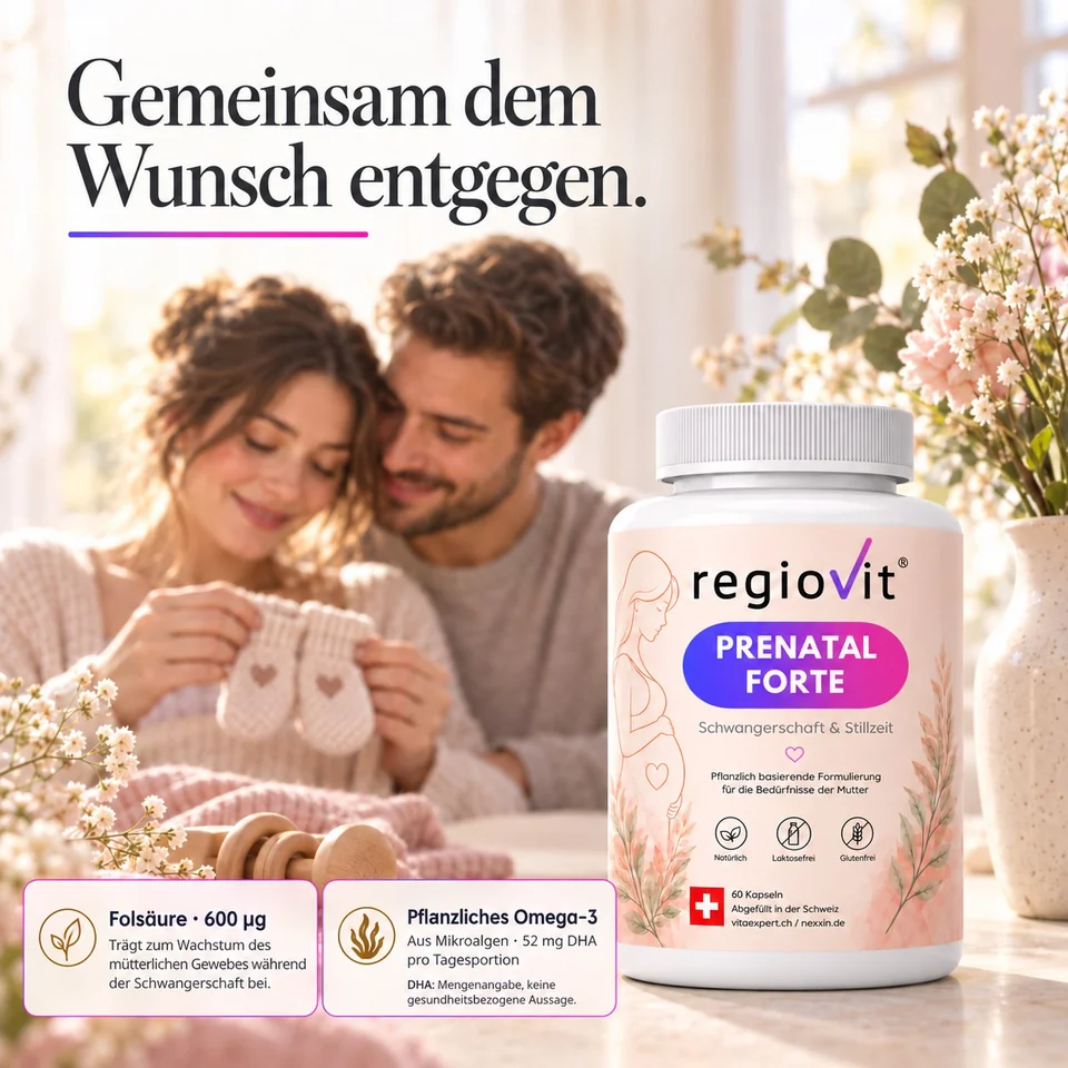 Regiovit Prenatal Forte – Paar mit Babyschuhen und Nährstoffinformationen