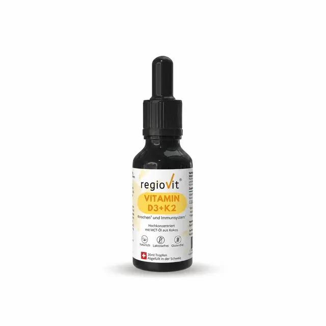 Regiovit® Vitamin D3+K2 – 30 ml – Vorderansicht der 30-ml-Pipettenflasche