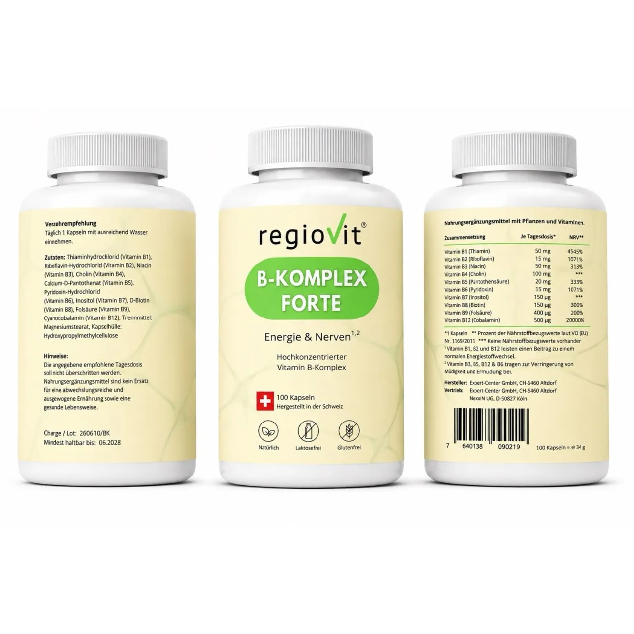 Regiovit® B-Komplex Forte – 100 Kapseln – drei Ansichten derselben Dose