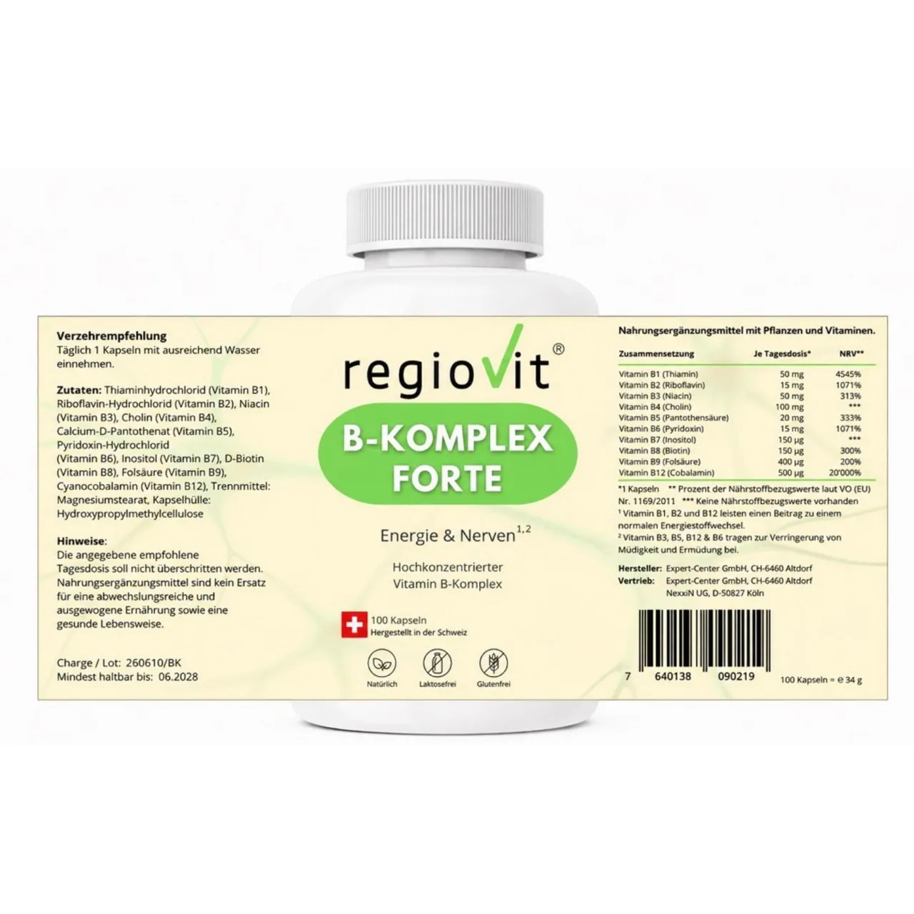 Regiovit® B-Komplex Forte – 100 Kapseln – Etikett mit Zutaten und Mengen pro Kapsel