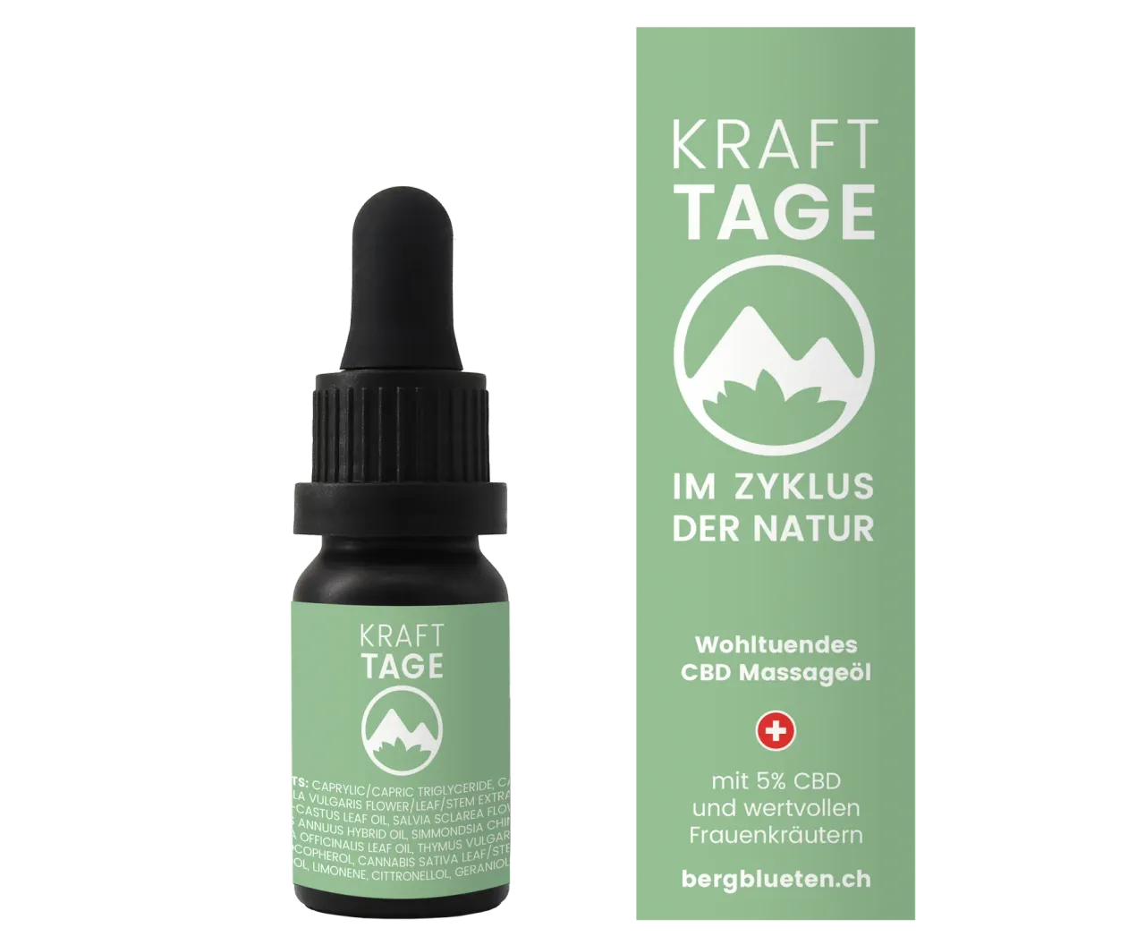 Krafttage Massageöl - Flasche mit Pipette - Produkt mit Verpackung